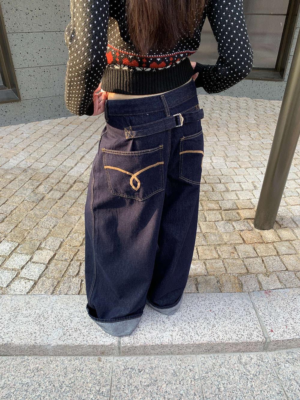 Women's jeans with a faux belt design
